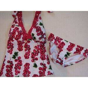 Halter Tankini Swimsuit Perry Ellis Red Cherry Print Bathing Suit XS 32 D Cup